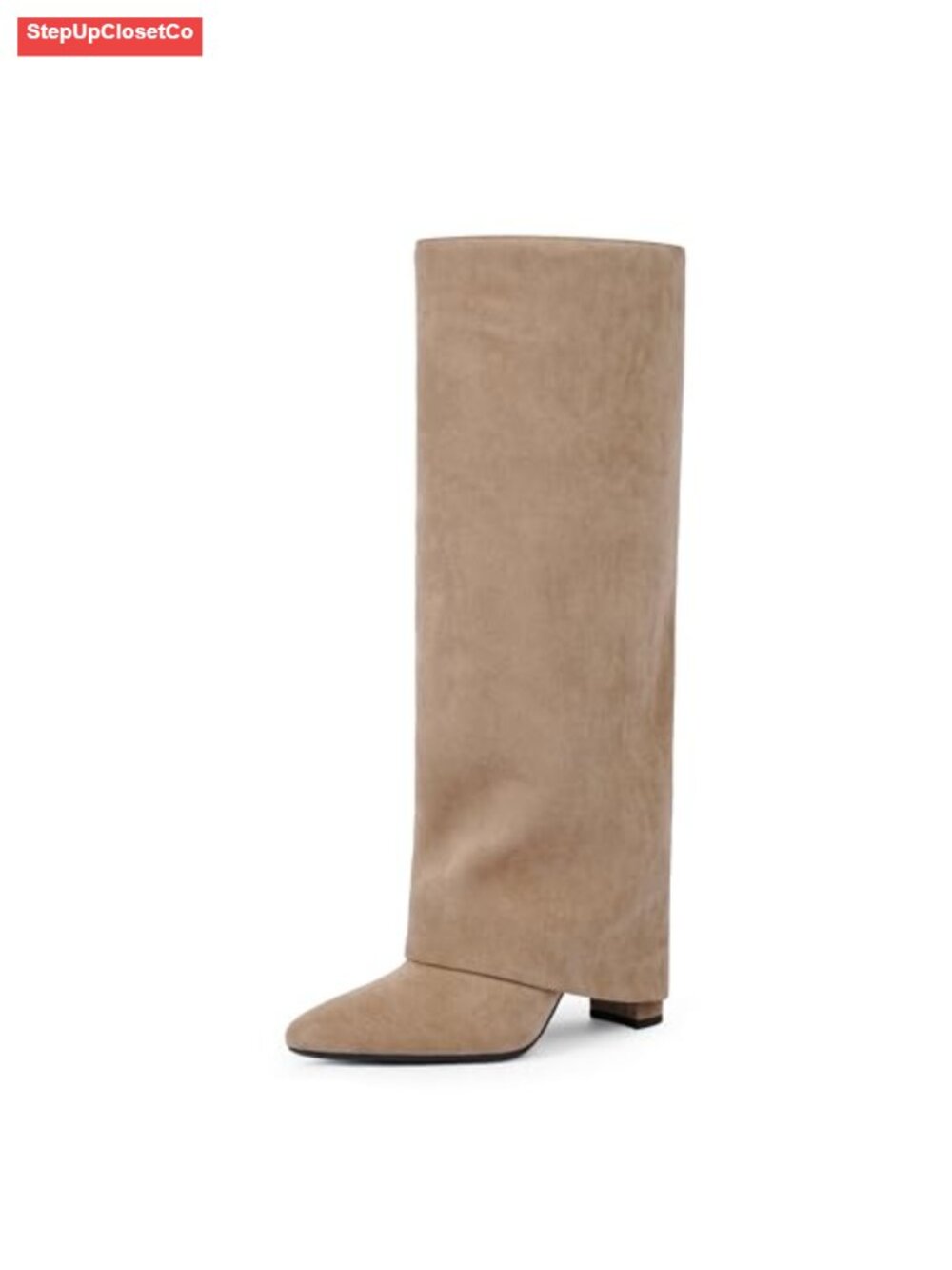 Fold Over Knee High Boots Women Chunky Heel Pointed Toe Tall Boots Faux Suede